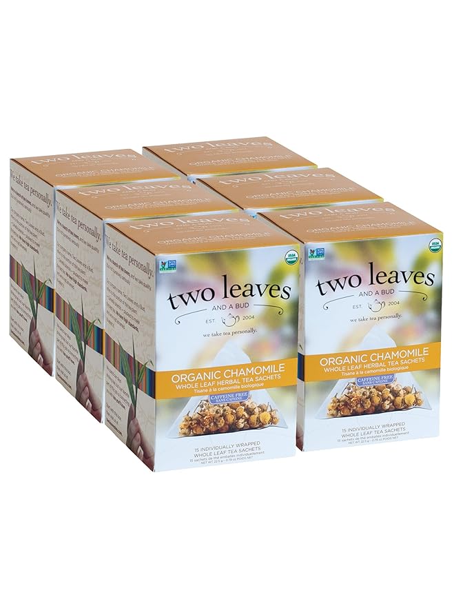 Two Leaves and a Bud Organic Chamomile Tea Bags, Naturally Caffeine Free, Whole Leaf Herbal Chamomile Tea in Compostable Sachets, 15 Count (Pack of 6) - Bloomnest