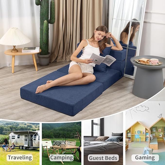 Folding Sofa Bed, High-Density Memory Foam Sofa with a Fluffy Pillow, Floor Couch Guest Bed, Single Size, Navy - Bloomnest