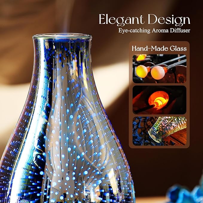 Porseme Essential Oil Diffuser 3D Glass Aromatherapy Ultrasonic Humidifier Cool Mist, Auto Shut-Off, Timer Setting, BPA Free for Home Office Hotel Yoga Gym Leisure SPA Gift 100ml Porseme