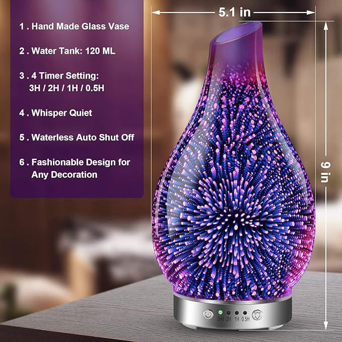 MAXWINER Essential Oil Diffusers Ultrasonic 3D Glass Aromatherapy Diffuser, Auto Shut-Off, Timer Setting, 7 Colors LED Lights Changing for Home, Office, Spa 120ml - Bloomnest