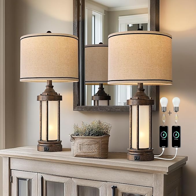 25'' Table Lamps Set of 2 for Living Room Bedroom Farmhouse Metal Lamps with 2 USB Ports, Built-In Frosted Glass Night Light Vintage Industrial Nightstand Bedside Lamp, 4 Bulbs Included, Bronze - Bloomnest