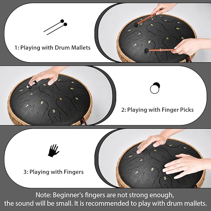 Steel Tongue Drum - 14 Inch 15 Note Tongue Drum - Hand Pan Drum with Music Book, Handpan Mallets and Carry Bag, C Major, Black - Bloomnest