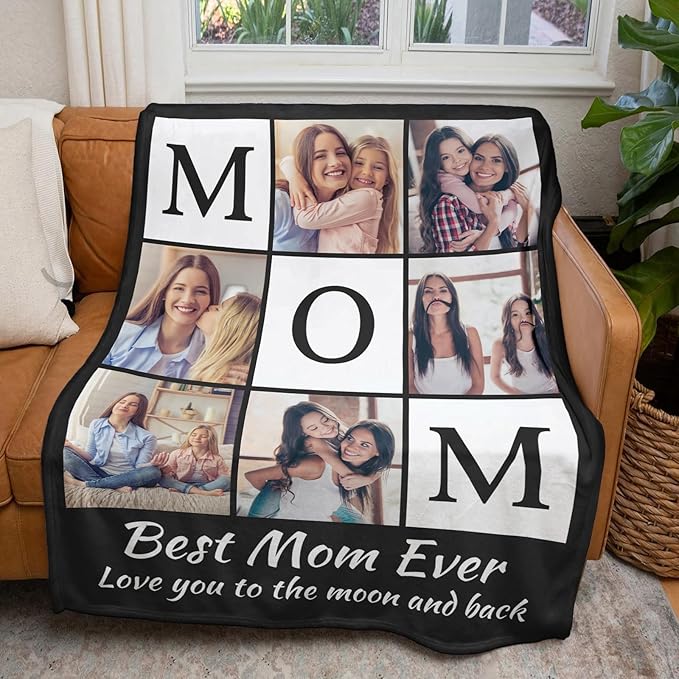 Custom Mom Blanket with 6 Photos Personalized Blanket with Pictures Customized Throw Gifts for Mom Grandma Photo Throw Blanket for Birthday Mother's Day - Bloomnest