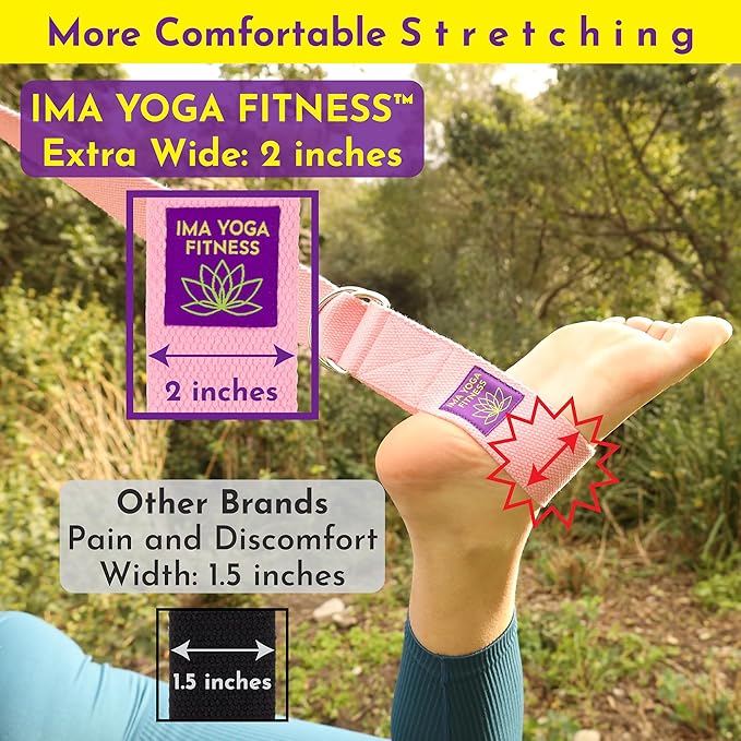 Adaptive Yoga Strap, Stretching Strap, 2 Inches Wide, 100% Naturally Soft Cotton, Steel D-Rings, Includes Natural Cotton Drawstring Storage Pouch and Instructional E-Book - Bloomnest