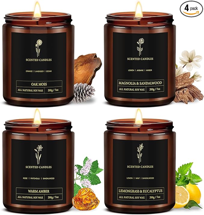Scented Candles for Men - 4 Pack Candles for Home Scented, 28oz Soy Wax, 300 Hour Burn Time, Men Candle Set, Oak Moss/Magnolia & Sandalwood/Warm Amber/Lemongrass & Eucalyptus - Bloomnest