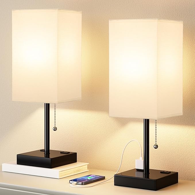 Plus Bedside Table Lamps Set of 2 - White Bedroom Lamps with 3 Colors, Square Nightstand Lamp with USB C + A Charging Ports and 2 AC Outlets, Pull Chain Night Light for End Table - Bloomnest