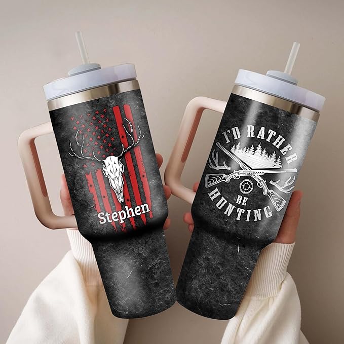 WAZONE Personalized Hunting American Flag 40oz Tumbler with Handle and Straw Stainless Steel Travel Coffee Cup I'D Rather Be Hunting Gift for Boyfriend Husband Dad On Birthday Christmas - Bloomnest