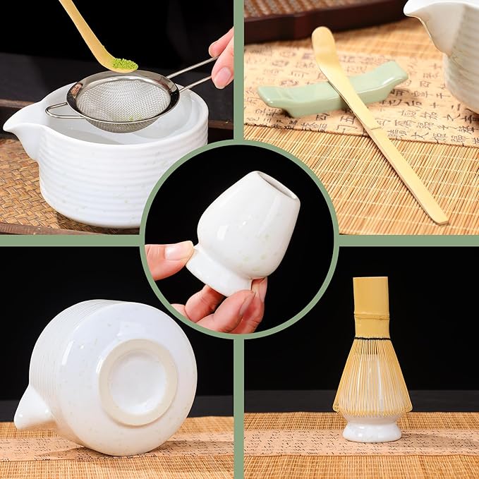 Matcha Bowl Set, Matcha Whisk and Holder, Stainless Sifter & Bamboo Scoop, Towel, 7 PCS Matcha Starter Kit for Matcha Lovers, White - Bloomnest