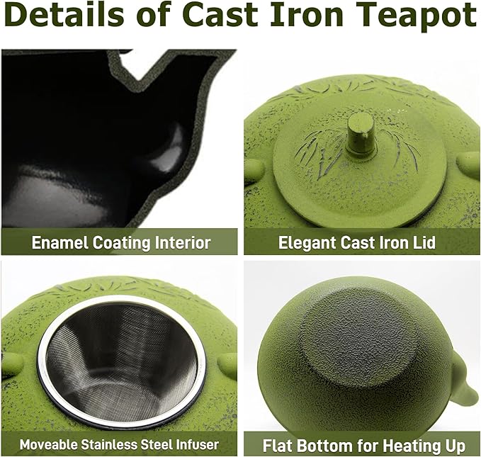 84.6oz/2500ml Large and Heavy Cast Iron Tea Kettle for 5 to 8 Cups, Teapot with Stainless Steel Infuser, Cast Iron Tea Pot for Stovetop Safe (2500ml Green Teapot with Bamboo Pattern) - Bloomnest