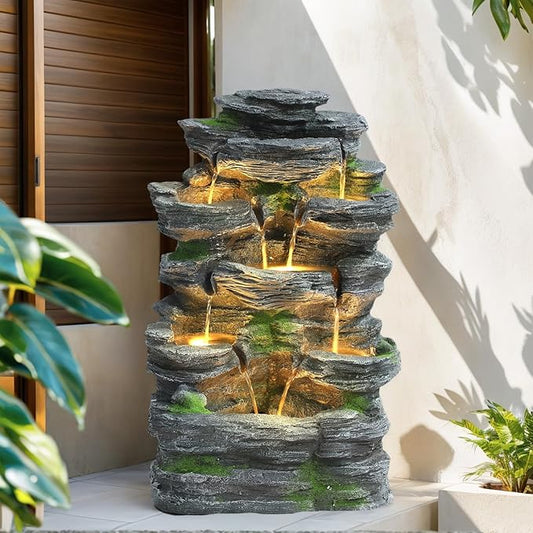 Grepatio Outdoor Water Fountain 7 Tier Cascading Rock Waterfalls Fountains with LED Lights and Pump Indoor/Outdoor Modern Floor Standing Garden Water Fountain for Yard, Patio, House Decor - Bloomnest