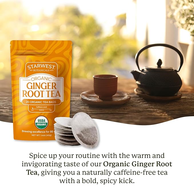 Starwest Botanicals Organic Ginger Root Tea - Caffeine Free Herbal Tea, Supports Digestion, String Free Sachets, USDA Organic Ginger Root, Non GMO - 20 Tea Bags - Bloomnest