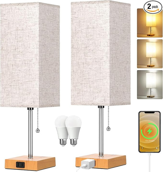 Table Lamp for Bedroom set of 2,3-Color Bedside Lamps with Pull Chain Table Lamps for Nightstand with AC Outlets,18'' Night Light Lamps with 2 Bulbs Lamps for Living Room Kids Room Office Decor（Wood） - Bloomnest