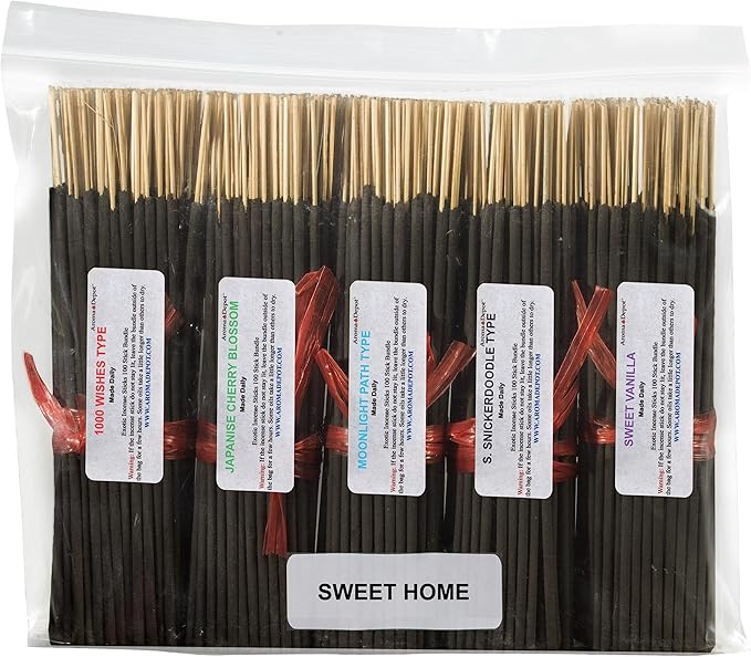 Sweet Home 7'' Incense Sticks - Variety Set 500 Pack - 7 inch - 5 Bundles 100 Sticks Per Scent. Features Wishes Type, Japanese Cherry Blossom, Moonlight Type, S. Snickerdoodle, Sweet Vanilla AromaDepotInc