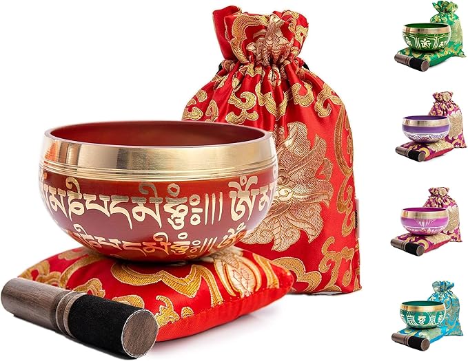 Tibetan Singing Bowl Set - Easy To Play for Beginners - Authentic Handcrafted Mindfulness Meditation Holistic Sound 7 Chakra Healing Gift by Himalayan Bazaar (Crimson) - Bloomnest