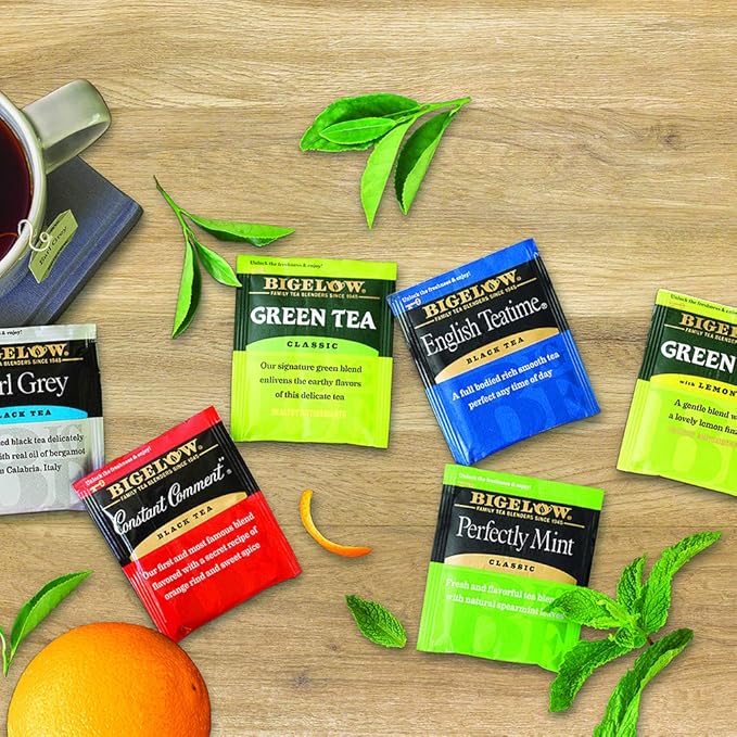 Bigelow Tea Assorted Black Tea and Green Teas Variety Pack, Caffeinated Tea with Black and Green Tea Varieties, 18 Count Box (Pack of 6), 108 Total Tea Bags (Packaging and Flavor Assortment May Vary) - Bloomnest