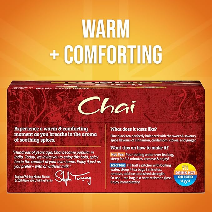 Twinings Chai Black Tea Individually Wrapped Bags, 50 Count (Pack of 6), Sweet, Savoury Spices, Caffeinated, Enjoy Hot or Iced, 300 Teabags - Bloomnest