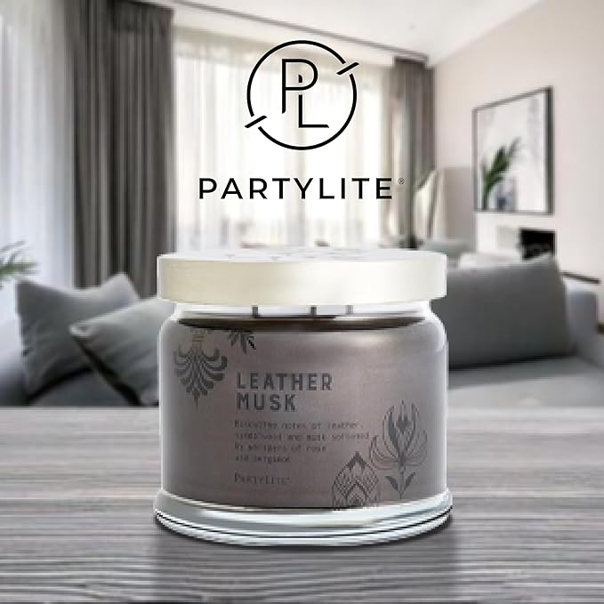 PartyLite 3-Wick Jar Candle, Highly Fragranced Clean Burning Glass Candle, 25-45 Hours Burn Time (Leather Musk) - Bloomnest