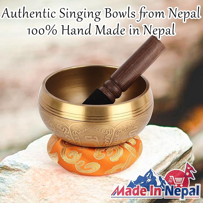 Tibetan Singing Bowls Set-Hand-hammered in Nepal Sound Bowl for Meditation, Yoga, Chakra, Meditation Accessories, Stress Relief Tool and Unique Gifts for Women, Men (Yellow, 4 inch)