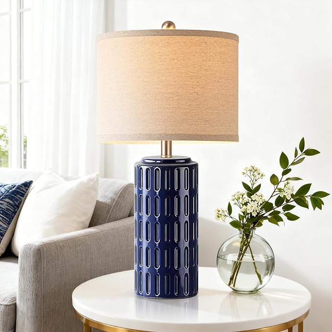 PARTPHONER 23" Farmhouse Modern Ceramic Table Lamp Set of 2 - Navy Blue Bedside Lamps for Bedroom & Living Room, Nightstand, Desk, End Table - Bloomnest