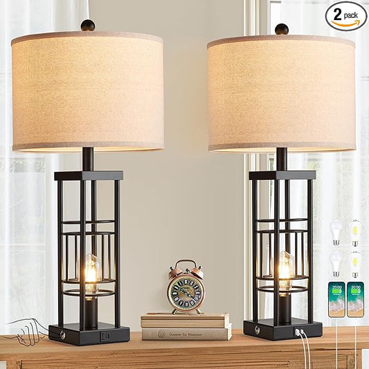Table Lamp for Living Room Set of 2 with USB Charging Ports, 3-Way Dimmable 27.6" Farmhouse End Lamps for Bedroom, Rustic Bedside Lamp, Industrial Nightstand Lamps,Bulbs Included(Black) - Bloomnest