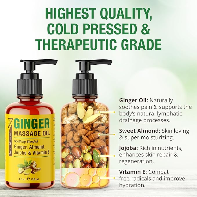Seven Minerals Ginger Massage Oil for Lymphatic Drainage Massage Therapy - 4 oz - Warming and Ultra Relaxing - Therapeutic Grade Essential Oils Soothes Tired Muscles & Relaxes Mind and Body