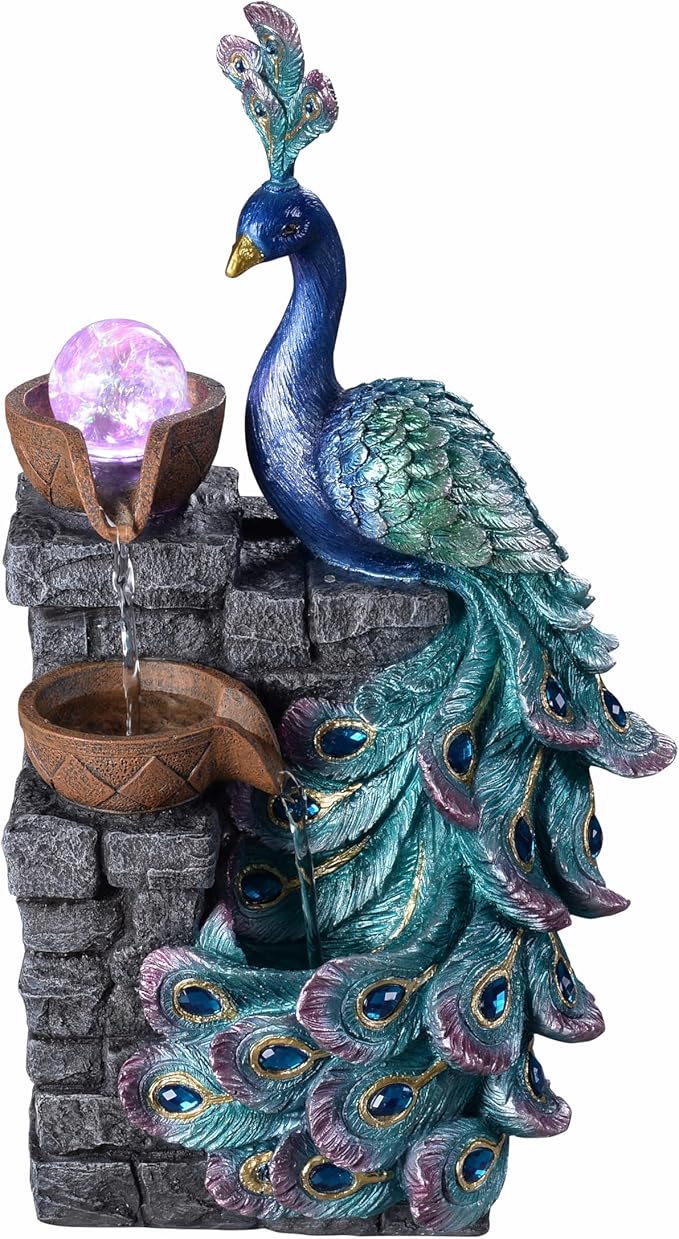 Tabletop Water Fountain Decor, Peacock with LED Glass Color Changing Globe,Relaxation Decorative Desktop Water Zen Fountain for Home/Office,Living Room Décor.13.78" Tall