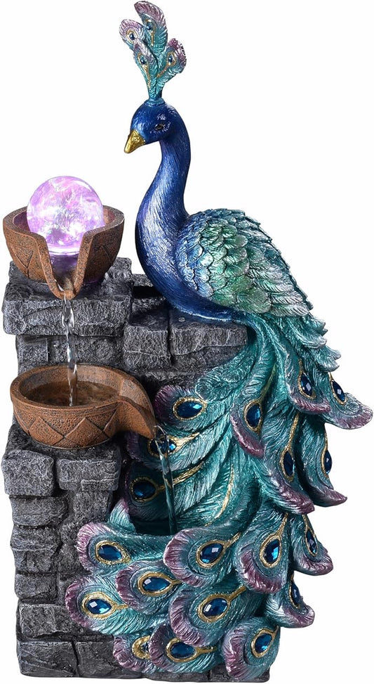 Tabletop Water Fountain Decor, Peacock with LED Glass Color Changing Globe,Relaxation Decorative Desktop Water Zen Fountain for Home/Office,Living Room Décor.13.78" Tall