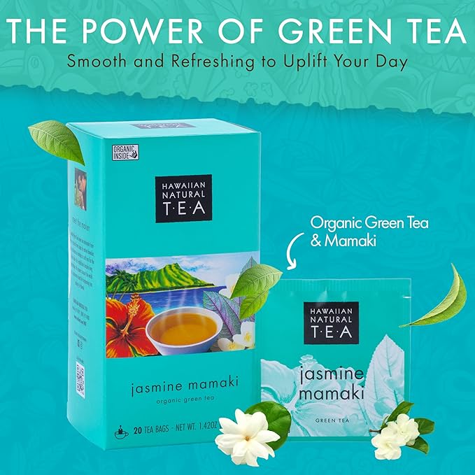 Hawaiian Natural Tea Organic Mamaki Jasmine Green Tea Blend - Antioxidant-Rich For Calming, Wellness, Bedtime, Anxiety & Stress - Gift for Special Ocassions, 20 Bags - Bloomnest