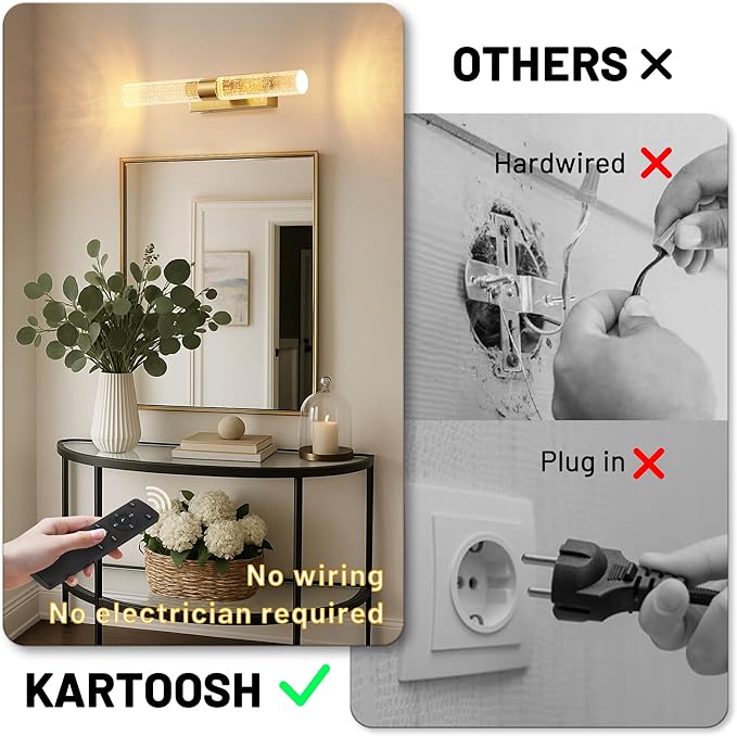 Gold Battery Operated Wall Sconce with Remote Control, 350°Rotate, Dimmable, 3000K/4000K/6000K, Timer, for Bedroom, Living Room, Hallway, Dining Room, 15.3 Inch, 1 Pack - Bloomnest