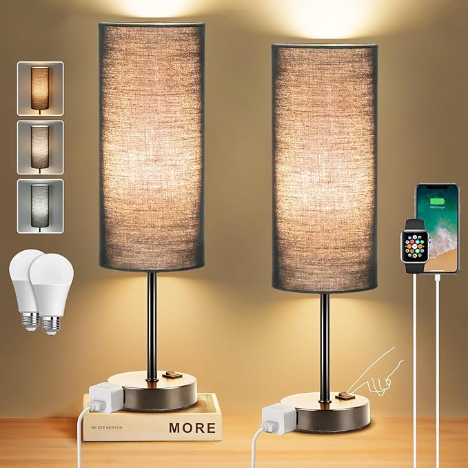 ZJOJO Table Lamp for Bedroom 2 Pack,18in Bedside Lamps with 3 Way Dimmable Rocker Switch & AC Outlet,Nightstand Desk Lamp with Black Fabric Shade Black Base for Living Room Home Decor Lights - Bloomnest