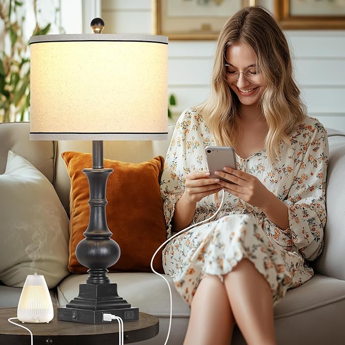 Farmhouse Lamps Set of 2, Vintage Rustic Black Table Lamps with USB A+C Fast Ports & AC Outlets, Traditional Nightstand Bedside Lamp for Living Room Bedrooms Home Office(2 LED Bulbs Included) - Bloomnest