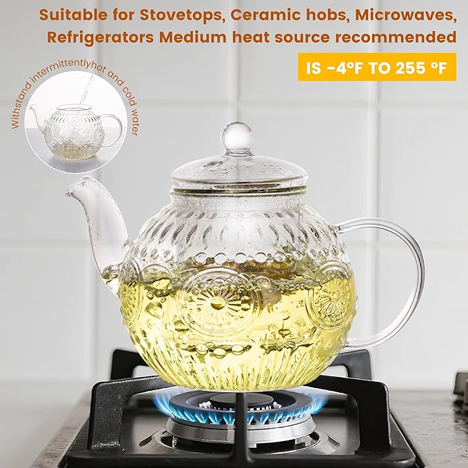 Bandesun Vintage Glass Teapot, Tea Kettle with Removable Infuser 32OZ/1000ml, Borosilicate Glass Pot -Stovetop Safe, Blooming & Loose Leaf Tea Maker Set - Bloomnest