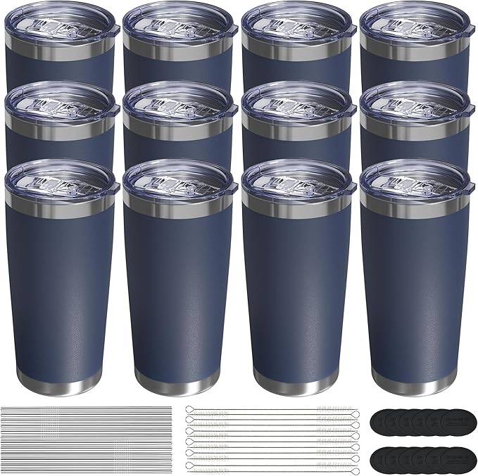 Travel Coffee Tumbler 20oz, 12 Pack Leakproof Travel Coffee Mug with Lid and Straw, Stainless Steel Double Wall Vacuum Insulated Tumbler for Hot/Iced Drinks (Textured Matte, Navy Blue) - Bloomnest