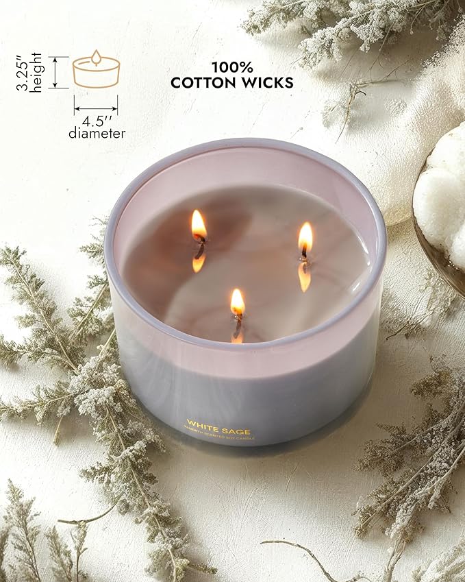 96NORTH Luxury White Sage Candle | Large 3 Wick Jar Candle | Up to 50 Hours Burning Time | 100% Natural Soy Wax | Relaxing Aromatherapy Aesthetic Candles | Housewarming Gift for Men and Women - Bloomnest