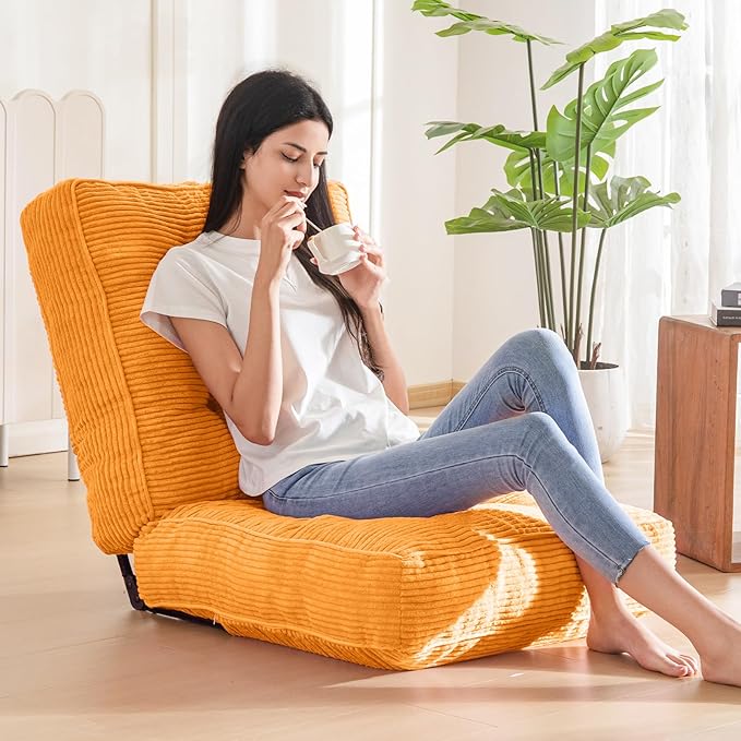 MAXYOYO Adjustable Floor Chair with Back Support, Gaming Floor Meditation Chair with Tufted Cushion, Adults Lounge Couch Folding Sofa Seat for Reading Meditating Sleeping, Orange - Bloomnest