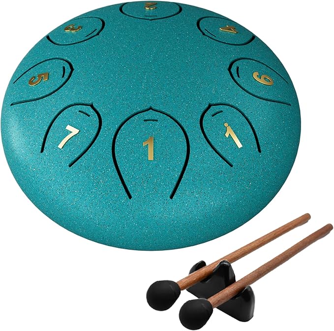 Steel Tongue Drum 6 Inch 8 Notes, Rain Drums for Outside C major, Hang Instrument, Handpan for Kids, Ethereal Hand Pan for Meditation Yoga Musical Education, Malachite Green - Bloomnest