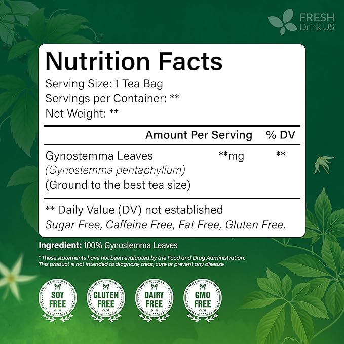 FreshDrinkUS, Premium Gynostemma Tea Bags (Jiaogulan) | 135 Count | Naturally Smooth & Earthy Caffeine-Free Herbal Tea – Plant-Based Tea Bags for Daily Enjoyment. Caffeine Free, Sugar Free. Vegan - Bloomnest