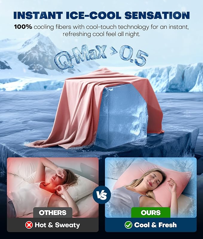 Ultra-Chill Cooling Pillowcase Set of 2 for Hot Sleepers, Softer Than Silk Pillow Cases for Protecting Hair & Skin, Breathable Bed Pillow Covers w/Zipper, Gifts for Women Men (Pink, Queen) - Bloomnest