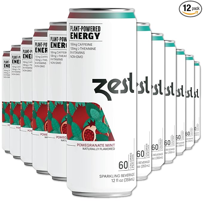 Zest Clean Energy Drink – Pomegranate Mint – 150mg Caffeine + 100mg L-Theanine – Natural Focus & Concentration Boost – Healthy Energy Drink 12oz Can 12 Pack – Low Sugar, No Artificial Sweeteners - Bloomnest