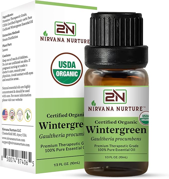 Wintergreen Essential Oil, USDA Certified Organic, 100% Pure Undiluted, Aromatherapy Oil for Diffuser, Hair & Skin Care NirvanaNurture