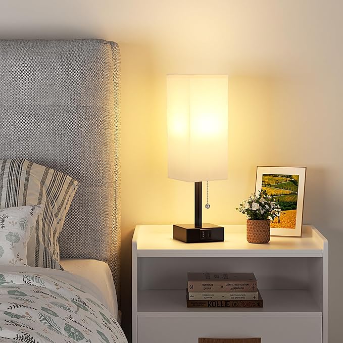 White Small Table Lamp for Bedroom - 3 Color Temperature 3000K 5000K 4000K Bedside Lamp, Pull Chain Control, USB A and C Charging Ports, Black Base, for Kids Office Dorm Nightstand, Bulb Included - Bloomnest