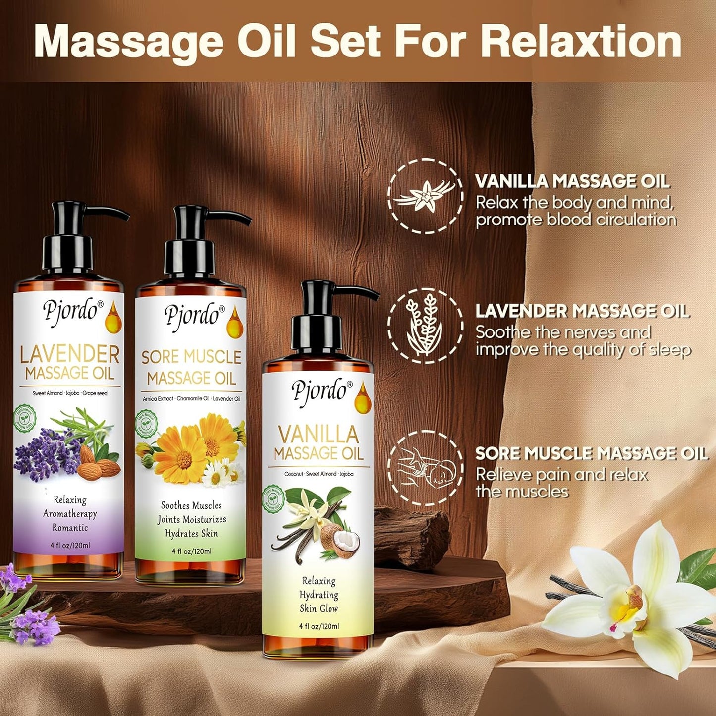 3 Pack Massage Oil for Massage Therapy, Vanilla Oil, Sore Muscle Arnica Oil, Lavender Massage Oil for Skin, Massage Roller Ball, Relaxing Massage Kit, Spa Gift Set for Him Her