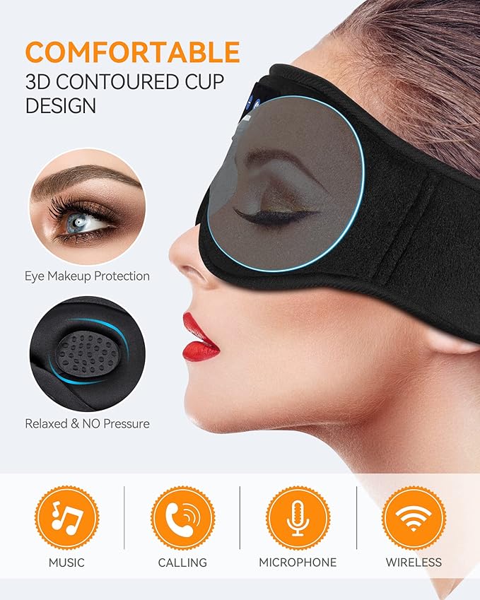 MUSICOZY 3D Bluetooth Sleep Mask with Headphones, Wireless Music Sleep Headband Eye Mask for Side Sleepers, Men, Women, and Mom, Ideal for Sleeping, Travel, Meditation, Cool Tech Gifts - Bloomnest