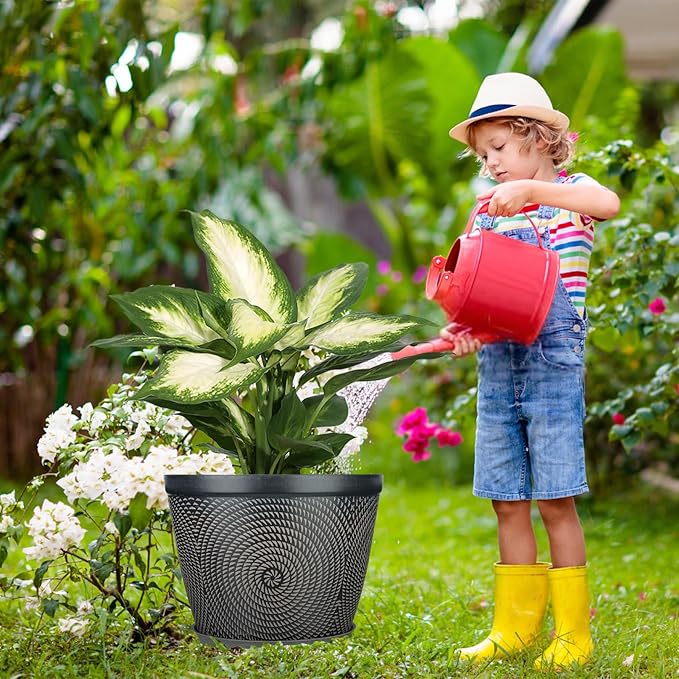 Quarut 15 Inch 4 Pack Large Plant Pots, Plastic Flower Pot for Indoor & Outdoor with Drainage Holes & Saucer, Circle Pattern Planters Garden Pots for Herbs - Bloomnest