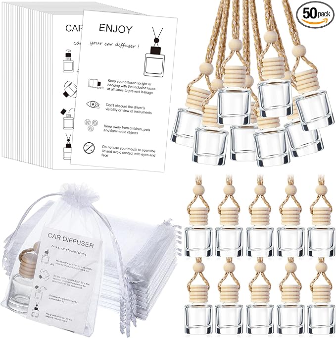 Boao 50 Sets Hanging Car Air Freshener Diffuser Bottles Empty Bulk with Car Diffuser Instruction Cards Organza Bags Glass Refillable Essential Oil Fragrance Aromatherapy Pendant (Cylindrical,Clear) - Bloomnest