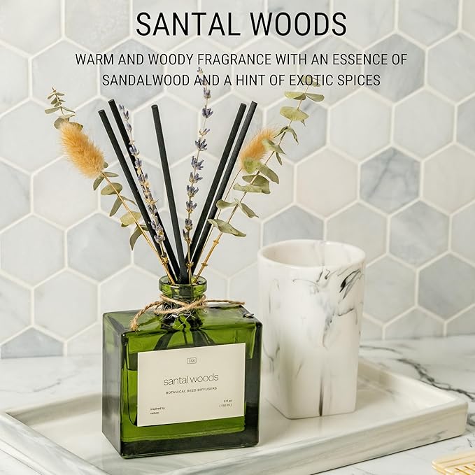 Craft & Kin Reed Diffuser with Dried Flowers | 5 oz Santal Woods Scented Reed Diffusers for Home, Bathroom | Scent Sticks | Elegant Fragrance Home Decor for Men & Women CraftKin