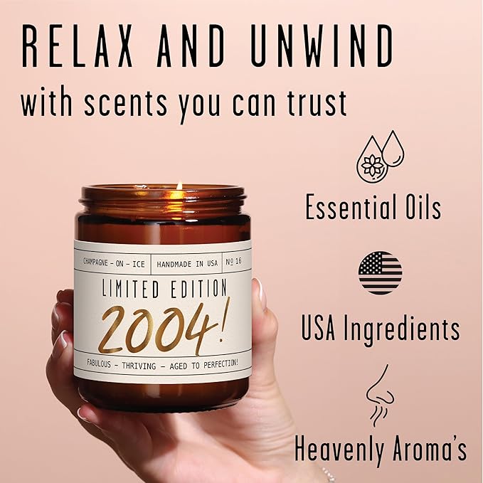 Soy and Sass 21st Birthday Jar Candle - 'Limited Edition 2004' Champagne on Ice Scent, 9oz Reusable Jar, 50Hr Burn, Made in USA - Bloomnest