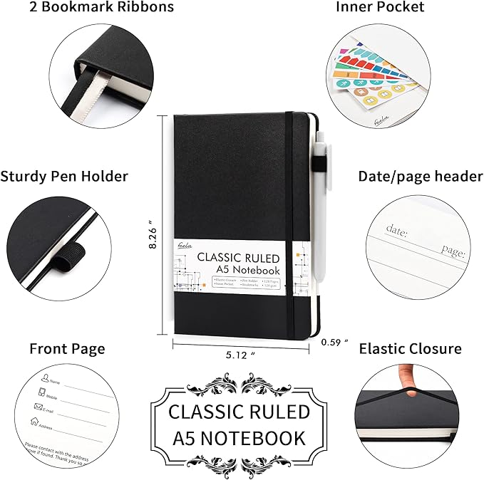 24 Pack Journal Notebook for Work, Feela Business Notebook Bulk Hardcover Lined Writing Journal with Pen Holder for Men Women Note Taking, with 24 Black Pens, 120 GSM, 5.1”x8.3”, A5, Black - Bloomnest