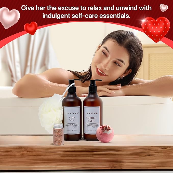 17-Piece Luxury Gift Set with Robe | Complete INFUSÉ White Tea & Coconut Bath Collection | Self-Care Kit with Bath Bombs, Face Masks & Hair Care | Bridesmaid, Mom, Wife, Grandma or Loved Ones