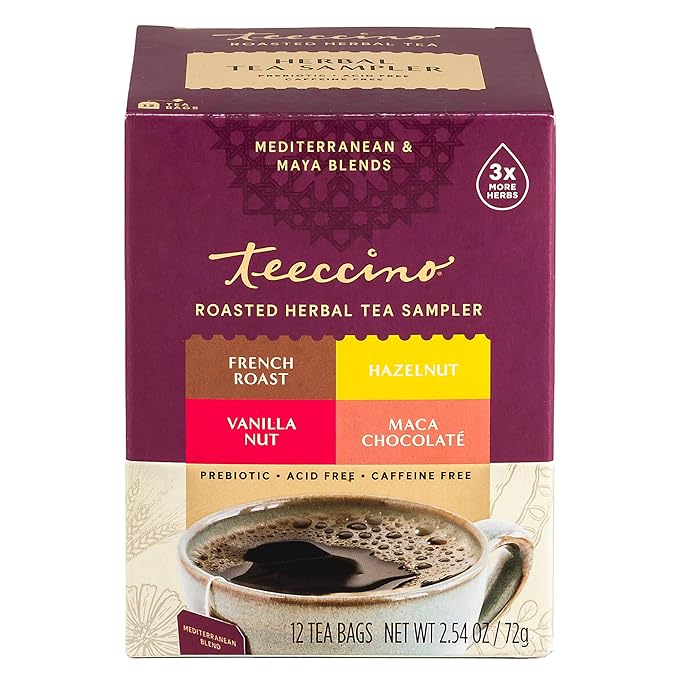 Teeccino Herbal Tea Sampler Assortment - 12 Tea Bags - Maca Chocolaté, French Roast, Hazelnut, Vanilla Nut - Roasted Caffeine Free Herbal Tea, Prebiotic for Natural Energy - Bloomnest
